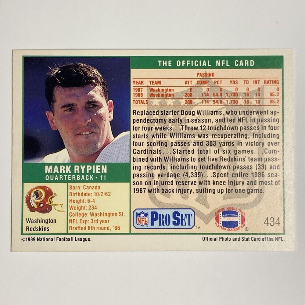1989 Pro Set Football Card Mark Rypien #434 Rookie Washington Redskins - Picture 2 of 2